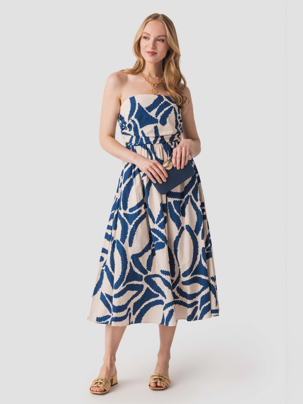 Dress Forum Strapless Navy & Cream Print Midi Dress